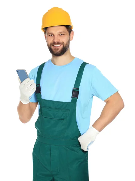 Professionele Reparateur Uniform Met Smartphone Witte Achtergrond — Stockfoto
