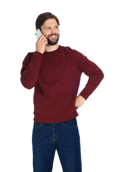 Hombre Hablando Teléfono Inteligente Contra Fondo Blanco — Foto de Stock