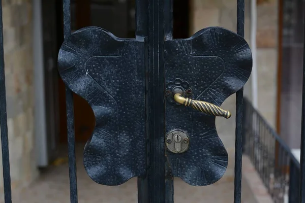 Beautiful Metal Gate Bronze Handle Lock Outdoors Closeup — Stock Photo, Image