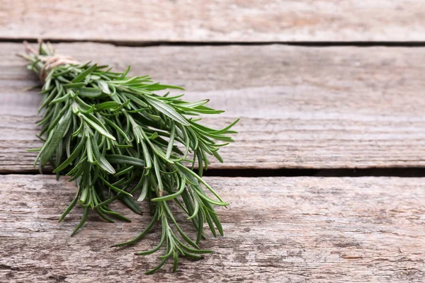 Bunch Fresh Rosemary Wooden Table Closeup Space Text — Stock Photo, Image
