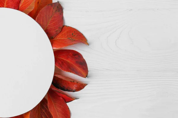 Flat Lay Composition Blank Card Autumn Leaves White Wooden Table — Stock Photo, Image
