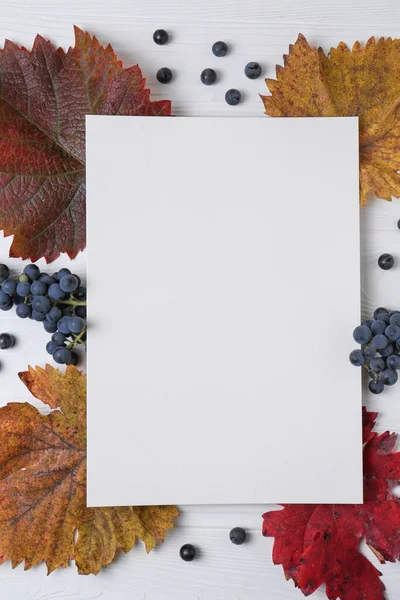 Flat Lay Composition Blank Card Autumn Leaves Grapes White Wooden — Stock Photo, Image
