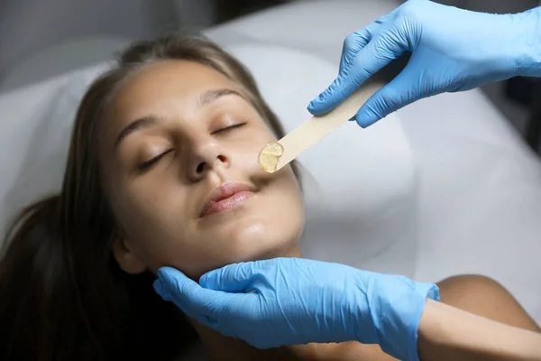 Young Woman Undergoing Hair Removal Procedure Face Sugaring Paste Salon — Stock Photo, Image