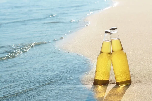 Bottles Cold Beer Sandy Beach Sea Space Text — Stockfoto