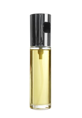 Beyaz arka planda pişirme yağı olan sprey şişesi.