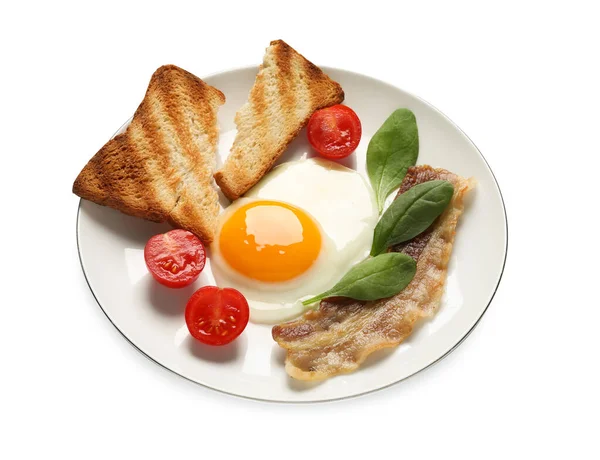 stock image Delicious breakfast with fried egg, bread and bacon isolated on white