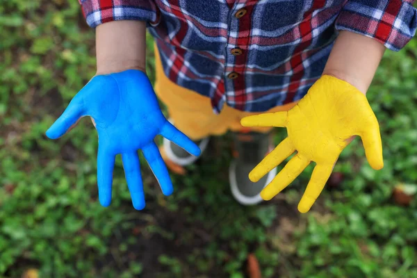 Kleiner Junge Mit Den Farben Der Ukrainischen Flagge Bemalten Händen — Stockfoto