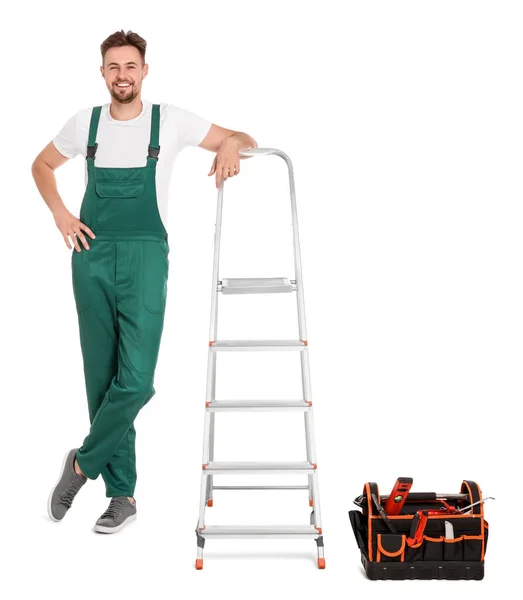 Werknemer Uniform Bij Metalen Ladder Witte Achtergrond — Stockfoto