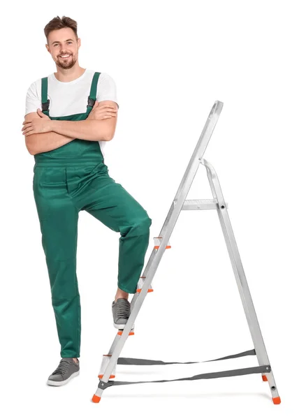 Werknemer Uniform Bij Metalen Ladder Witte Achtergrond — Stockfoto