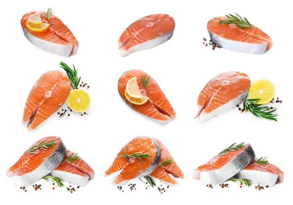 stock image Set of fresh raw salmon steaks with rosemary and peppercorns on white background