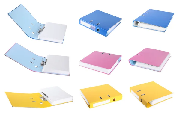 Zestaw Różnymi Kolorowymi Folderami Biurowymi Białym Tle — Zdjęcie stockowe