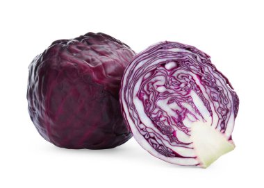 Whole and cut red cabbages on white background