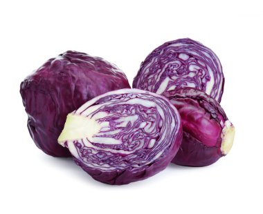 Whole and cut red cabbages on white background