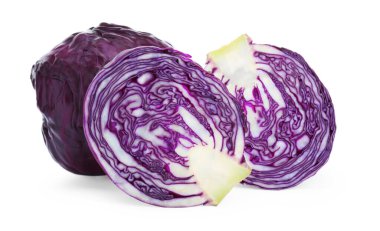Whole and cut red cabbages on white background