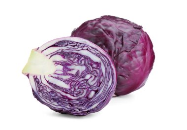 Whole and cut red cabbages on white background