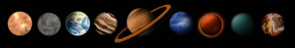 Set Avec Nombreuses Planètes Différentes Sur Fond Sombre Conception Bannière — Photo