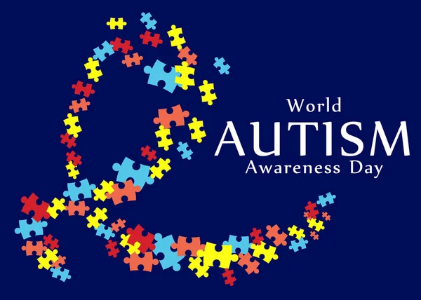 Veel Kleurrijke Puzzelstukjes Tekst World Autism Awareness Day Donkerblauwe Achtergrond — Stockfoto