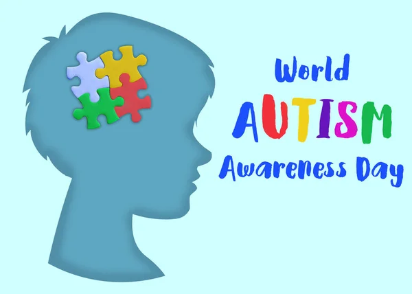 世界自閉症の日 シルエットの男の子とパズルピースで彼の頭の中にライトブルーの背景 — ストック写真