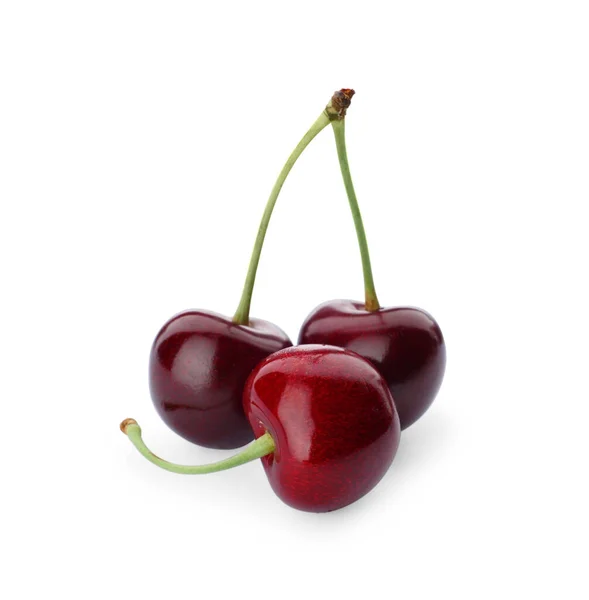 Three Ripe Sweet Cherries Isolated White — Stock Photo, Image