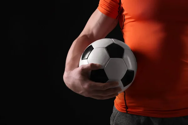 Athletic Man Soccer Ball Black Background Closeup Space Text — Stock Photo, Image
