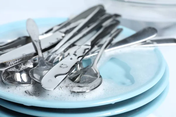 Forks Knives Plates Spoons Foam Closeup — Stock Photo, Image