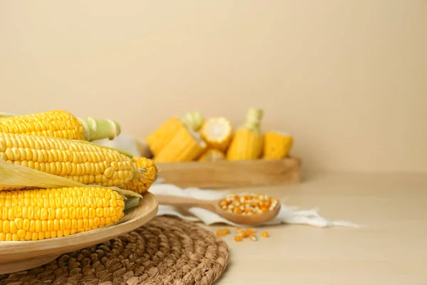 Tasty Fresh Corn Cobs Wooden Table Space Text — Stock Photo, Image