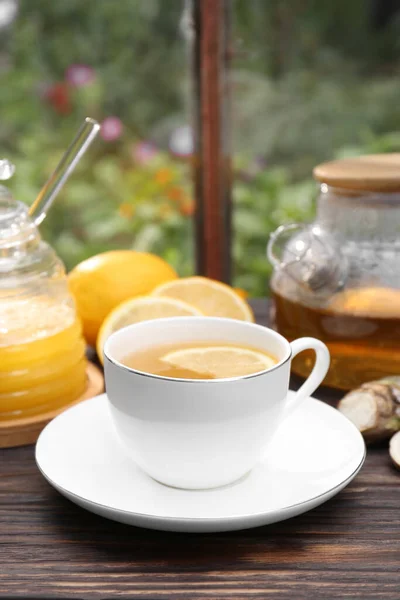Cup Delicious Tea Lemon Honey Wooden Table — Stock Photo, Image