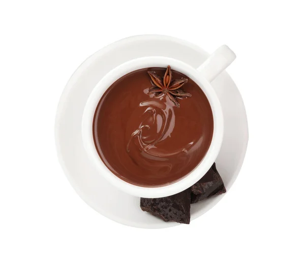Copas Delicioso Chocolate Caliente Con Estrella Anís Sobre Fondo Blanco — Foto de Stock