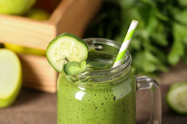 Fresh Green Smoothie Ingredients Wooden Table Closeup — Stock Photo, Image