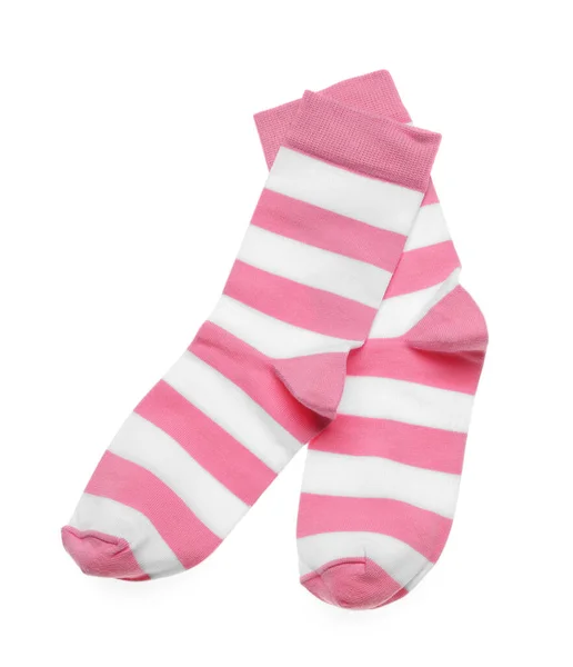 stock image Striped socks on white background, top view