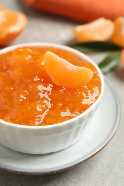 Delicious Tangerine Jam Light Grey Table Closeup — Stock Photo, Image