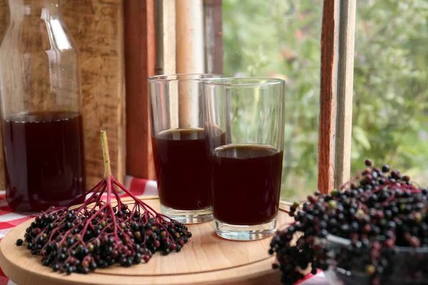 Elderberry Drink Sambucus Berries Wooden Table Window — Stock Photo, Image