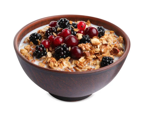 stock image Bowl of healthy muesli with milk and berries isolated on white