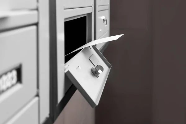 Open Metal Mailbox Envelope Indoors Closeup View — Stock Photo, Image