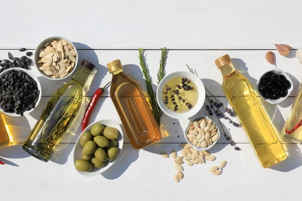 Flat Lay Composition Different Cooking Oils Ingredients White Wooden Table — Stock Photo, Image
