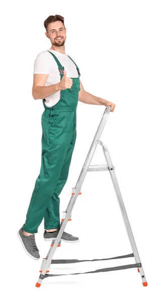 Работник Форме Поднимающийся Металлической Лестнице Белом Фоне — стоковое фото