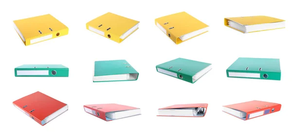 Zestaw Różnymi Kolorowymi Folderami Biurowymi Białym Tle Projekt Banera — Zdjęcie stockowe