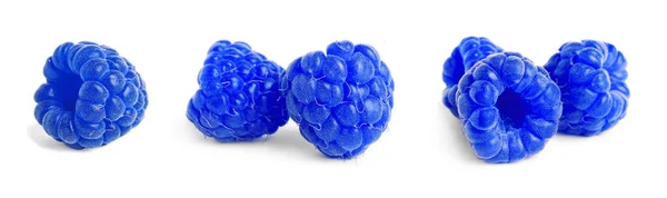 Set Con Frambuesas Azules Frescas Sabrosas Sobre Fondo Blanco Diseño — Foto de Stock