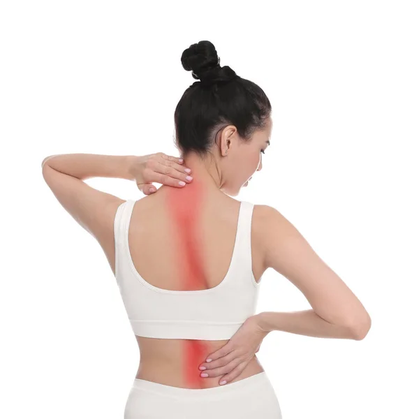 Mujer Que Sufre Dolor Espalda Sobre Fondo Blanco —  Fotos de Stock