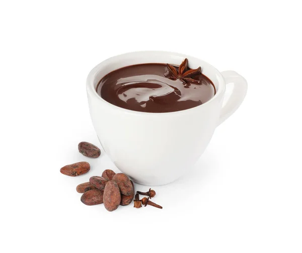 Šálky Lahodné Horké Čokolády Kořením Bílém Pozadí — Stock fotografie