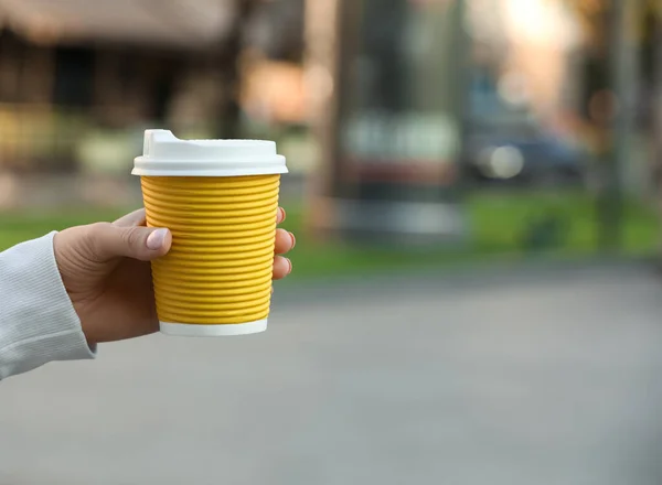 Woman Holding Paper Takeaway Cup Outdoors Closeup Space Text Coffee — Stock fotografie