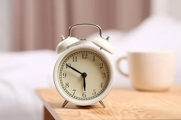 White Alarm Clock Wooden Table Indoors — Stock Photo, Image
