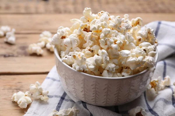 Bowl Tasty Popcorn Wooden Table Closeup Space Text — Stock Photo, Image