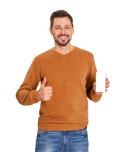 Happy Man Phone White Background — Photo