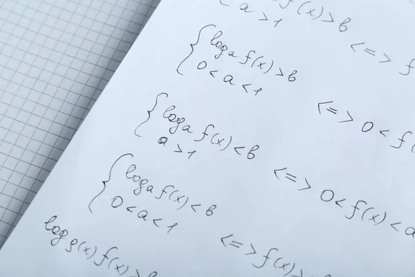 Feuille Papier Avec Différentes Formules Mathématiques Gros Plan — Photo