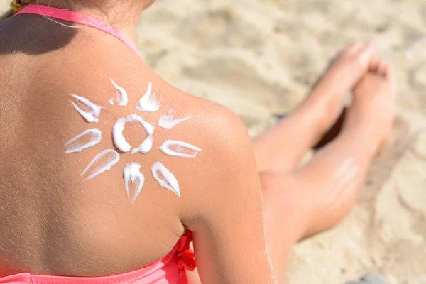 Little Girl Sun Protection Cream Back Outdoors Closeup Space Text — Stock Photo, Image