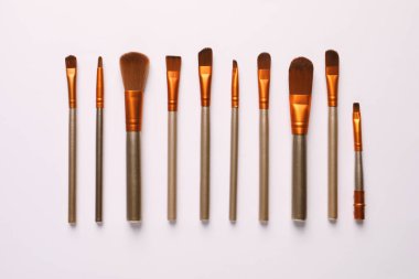 Beyaz arka planda farklı makyaj fırçaları, düz yatış