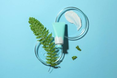 Açık mavi zemin üzerinde Petri kapları ile düz kompozisyon yatıyordu