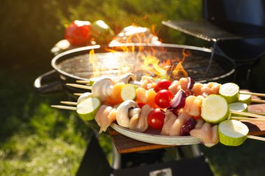 Et ve sebzeli şişler açık havada barbekü ızgarası, yakın çekim.