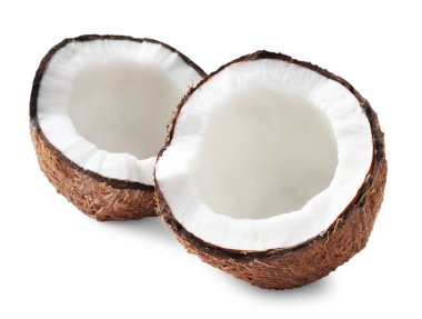 Halves of fresh ripe coconut on white background